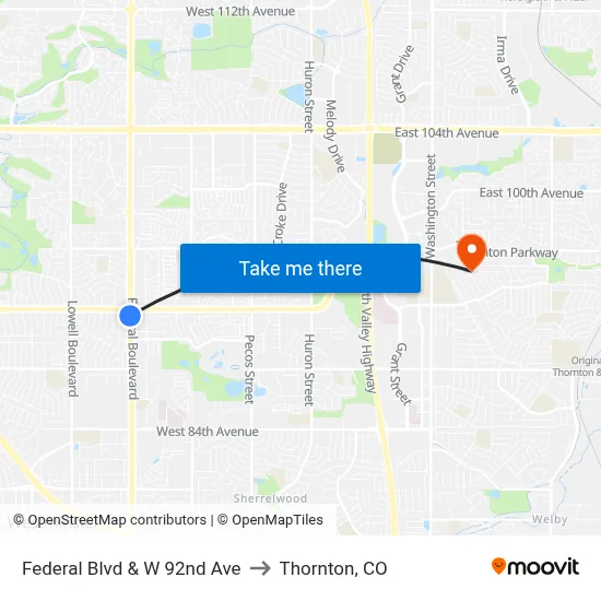Federal Blvd & W 92nd Ave to Thornton, CO map