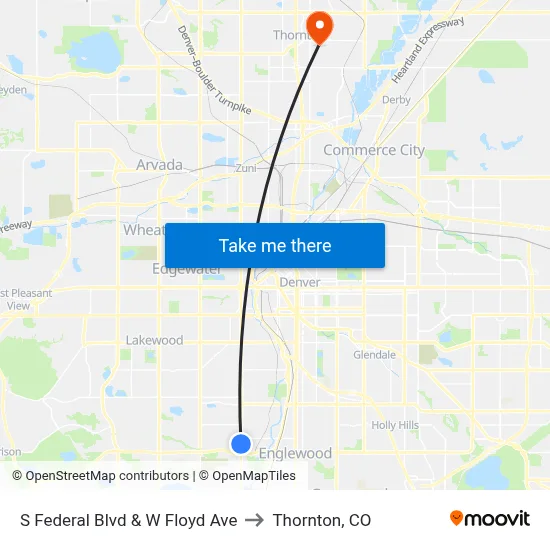 S Federal Blvd & W Floyd Ave to Thornton, CO map