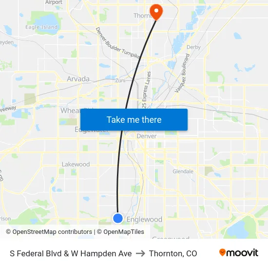 S Federal Blvd & W Hampden Ave to Thornton, CO map
