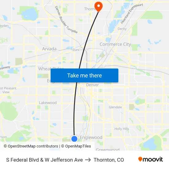 S Federal Blvd & W Jefferson Ave to Thornton, CO map