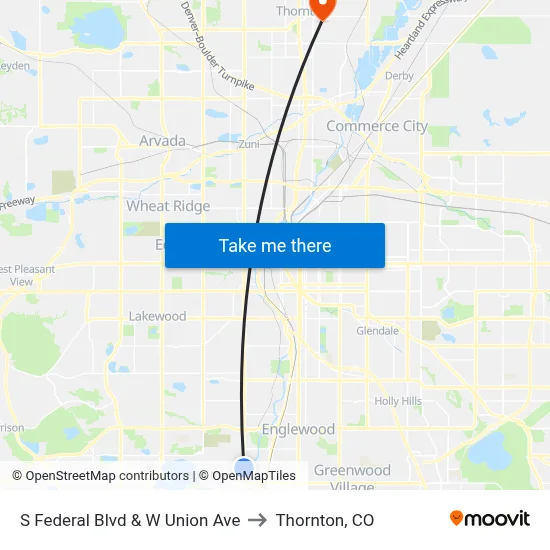 S Federal Blvd & W Union Ave to Thornton, CO map