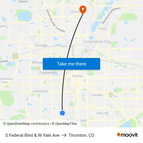 S Federal Blvd & W Yale Ave to Thornton, CO map