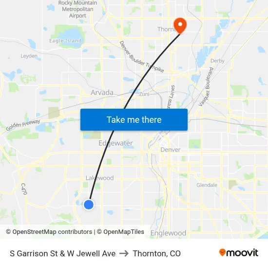 S Garrison St & W Jewell Ave to Thornton, CO map