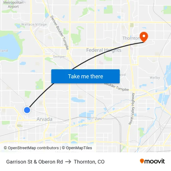 Garrison St & Oberon Rd to Thornton, CO map