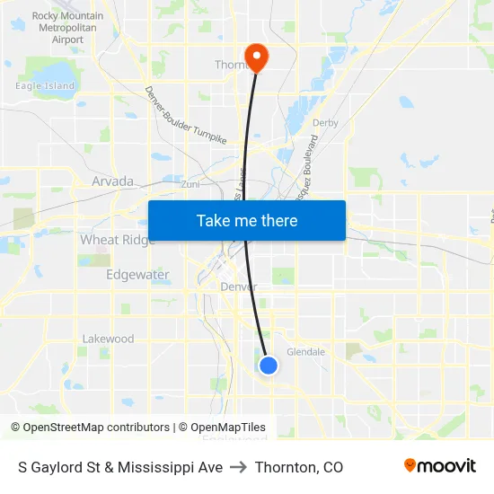 S Gaylord St & Mississippi Ave to Thornton, CO map