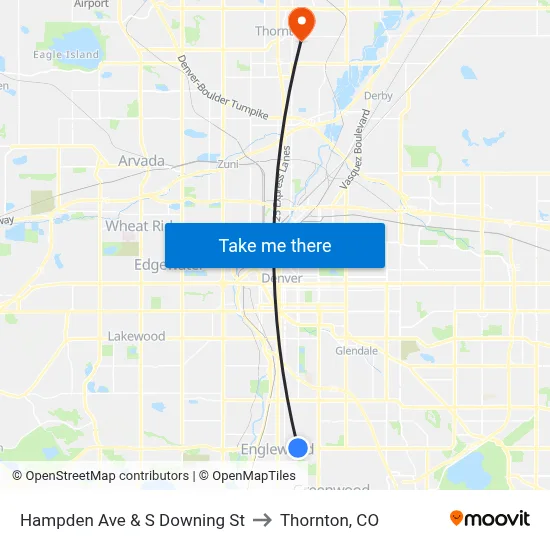 Hampden Ave & S Downing St to Thornton, CO map