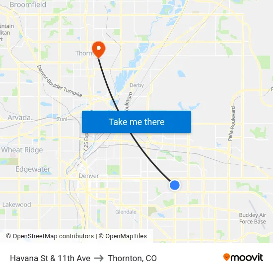 Havana St & 11th Ave to Thornton, CO map