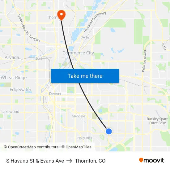 S Havana St & Evans Ave to Thornton, CO map