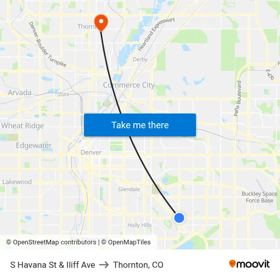 S Havana St & Iliff Ave to Thornton, CO map