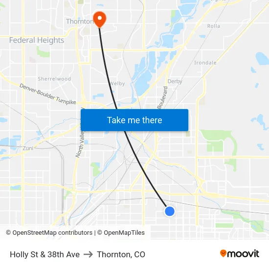 Holly St & 38th Ave to Thornton, CO map