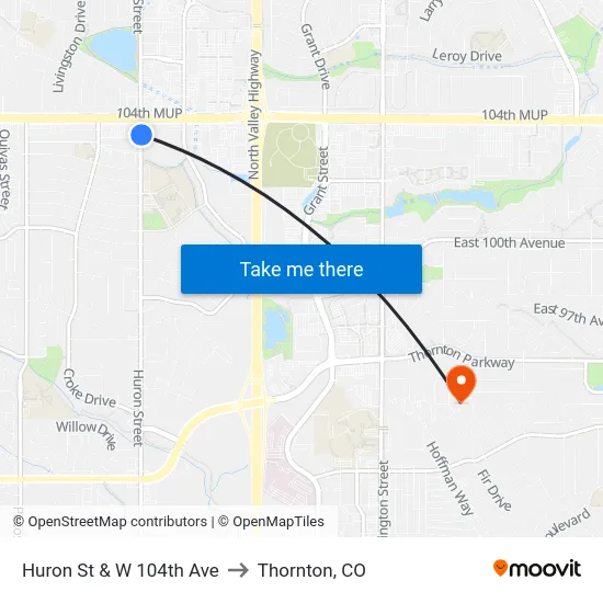 Huron St & W 104th Ave to Thornton, CO map