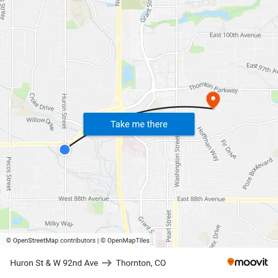 Huron St & W 92nd Ave to Thornton, CO map