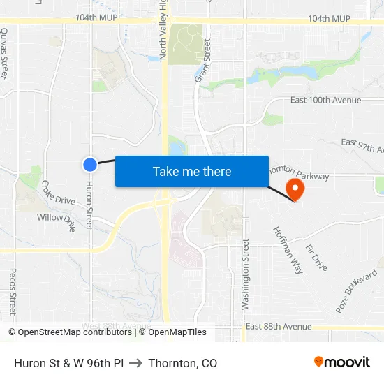 Huron St & W 96th Pl to Thornton, CO map