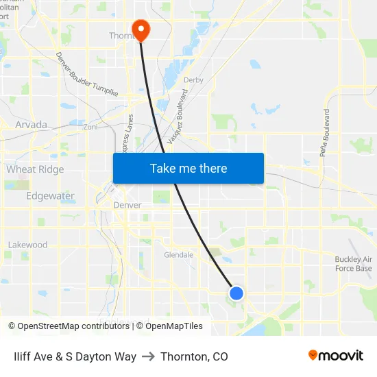 Iliff Ave & S Dayton Way to Thornton, CO map
