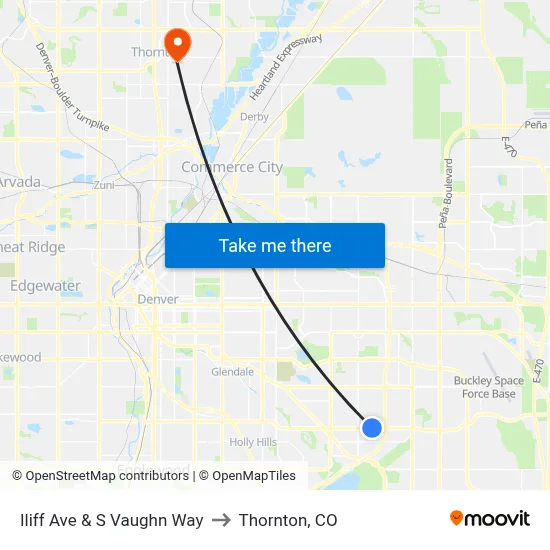 Iliff Ave & S Vaughn Way to Thornton, CO map