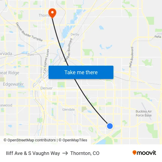 Iliff Ave & S Vaughn Way to Thornton, CO map