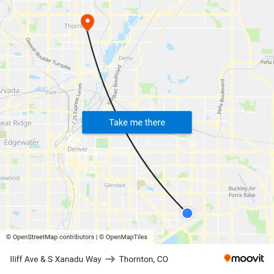 Iliff Ave & S Xanadu Way to Thornton, CO map