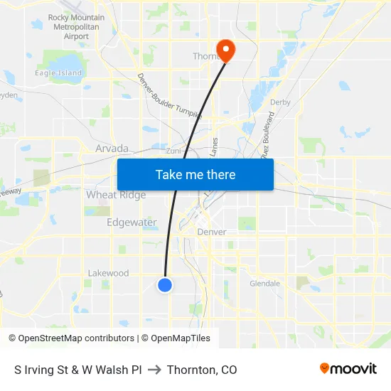S Irving St & W Walsh Pl to Thornton, CO map