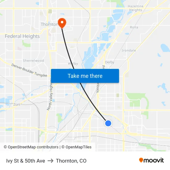 Ivy St & 50th Ave to Thornton, CO map