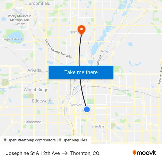 Josephine St & 12th Ave to Thornton, CO map