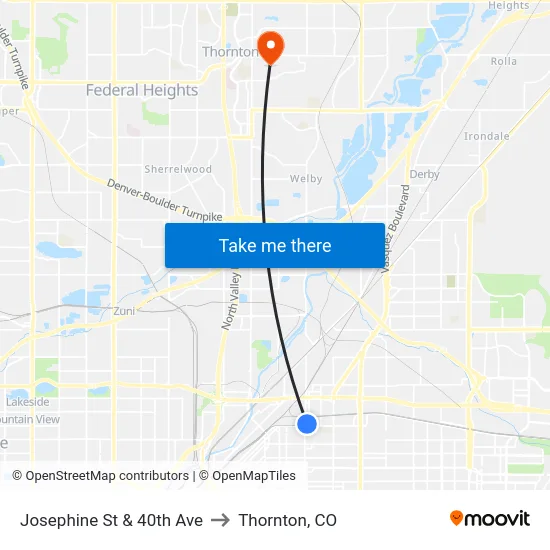 Josephine St & 40th Ave to Thornton, CO map