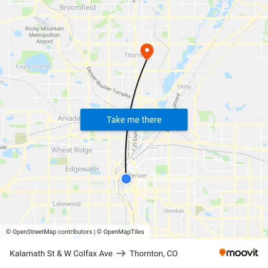 Kalamath St & W Colfax Ave to Thornton, CO map