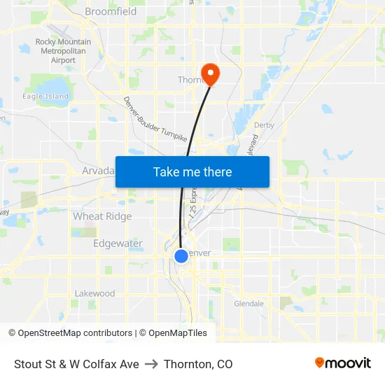 Stout St & W Colfax Ave to Thornton, CO map