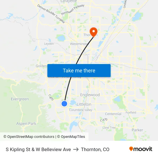 S Kipling St & W Belleview Ave to Thornton, CO map
