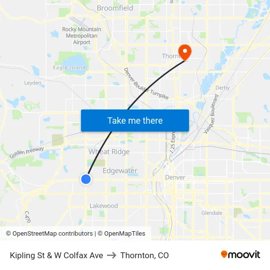 Kipling St & W Colfax Ave to Thornton, CO map