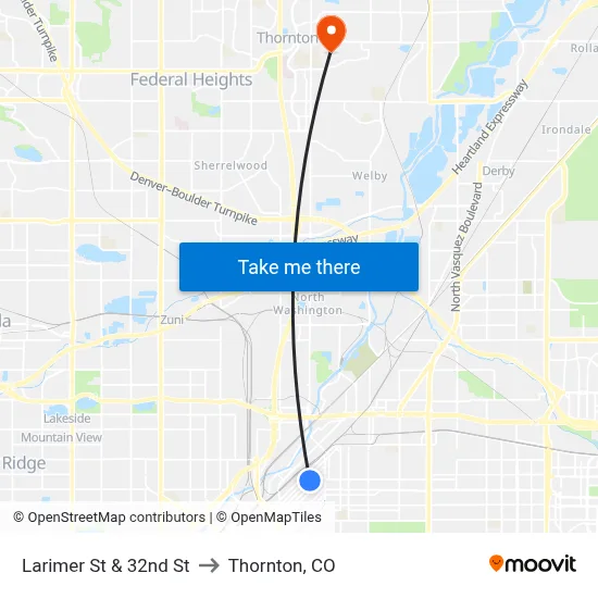 Larimer St & 32nd St to Thornton, CO map