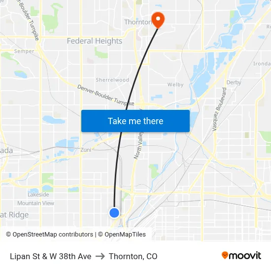 Lipan St & W 38th Ave to Thornton, CO map