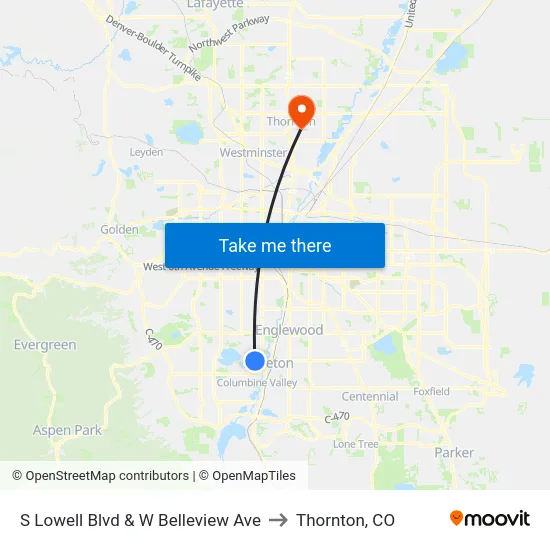 S Lowell Blvd & W Belleview Ave to Thornton, CO map