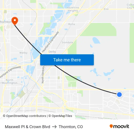 Maxwell Pl & Crown Blvd to Thornton, CO map