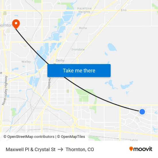 Maxwell Pl & Crystal St to Thornton, CO map