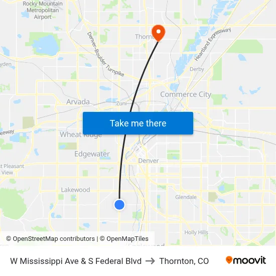 W Mississippi Ave & S Federal Blvd to Thornton, CO map