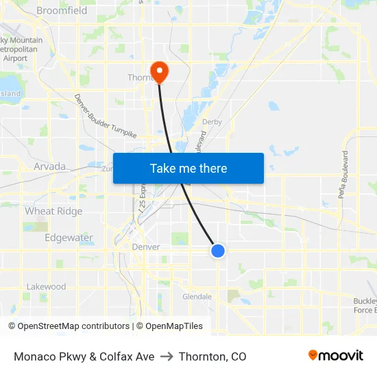 Monaco Pkwy & Colfax Ave to Thornton, CO map