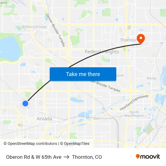 Oberon Rd & W 65th Ave to Thornton, CO map