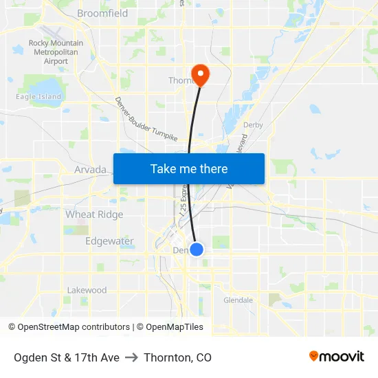 Ogden St & 17th Ave to Thornton, CO map