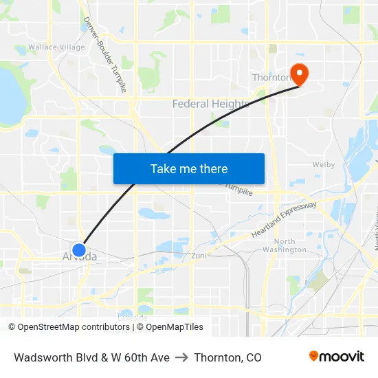 Wadsworth Blvd & W 60th Ave to Thornton, CO map