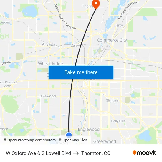 W Oxford Ave & S Lowell Blvd to Thornton, CO map
