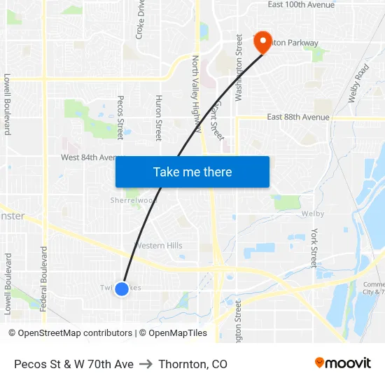 Pecos St & W 70th Ave to Thornton, CO map