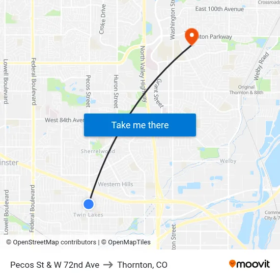 Pecos St & W 72nd Ave to Thornton, CO map