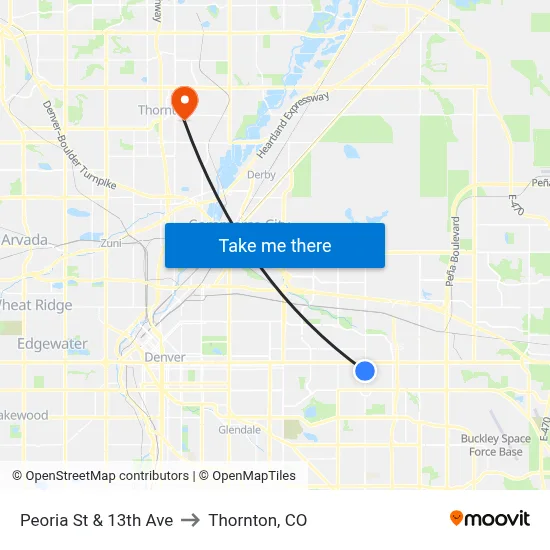 Peoria St & 13th Ave to Thornton, CO map