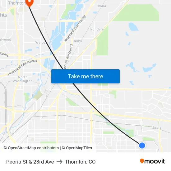 Peoria St & 23rd Ave to Thornton, CO map