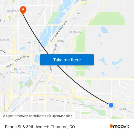 Peoria St & 39th Ave to Thornton, CO map