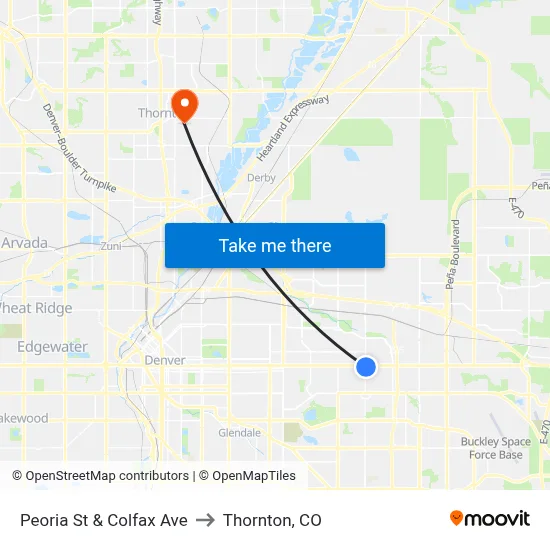 Peoria St & Colfax Ave to Thornton, CO map