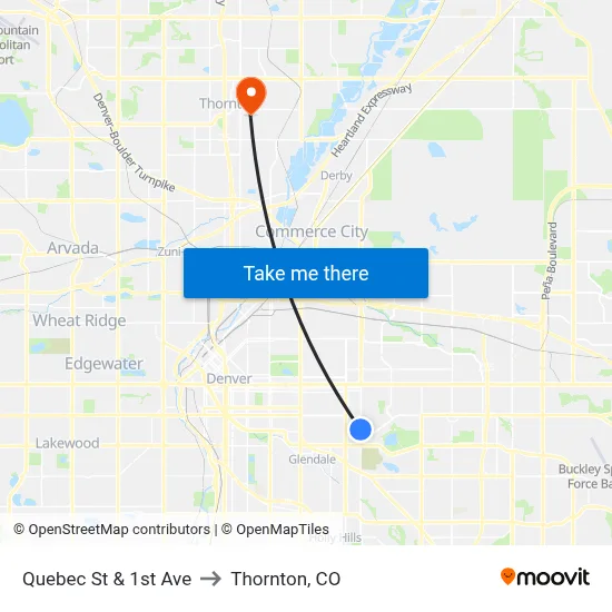 Quebec St & 1st Ave to Thornton, CO map