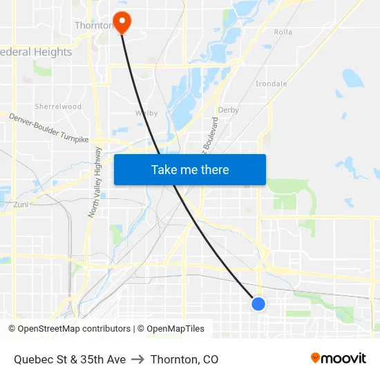 Quebec St & 35th Ave to Thornton, CO map