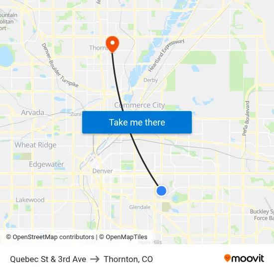 Quebec St & 3rd Ave to Thornton, CO map