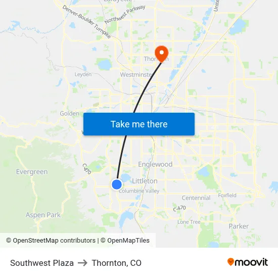 Southwest Plaza to Thornton, CO map
